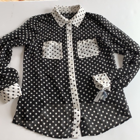 NWT INC Polka Dot Black White Contrast sheer blouse XXL - Picture 8 of 13